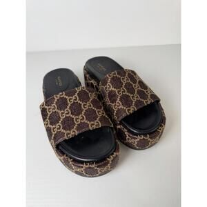 Gucci GG Canvas Platform Sandals Brown Monogram Womens EU 37 US 7